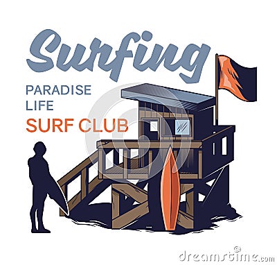 Beach wood house of surfing club Vector Illustration